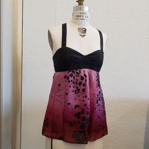 Sweetheart Empire Waist Silk Black Pink Floral Top